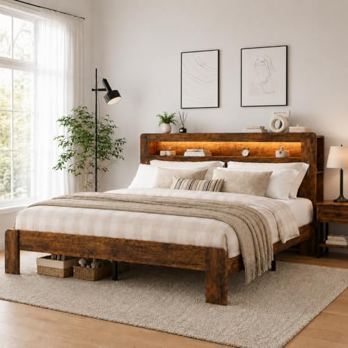 SAMTRA Wooden Bed Frame Queen Size with Storage Headboard