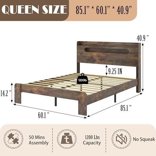 SAMTRA Wooden Queen Bed Frame with Storage Headboard