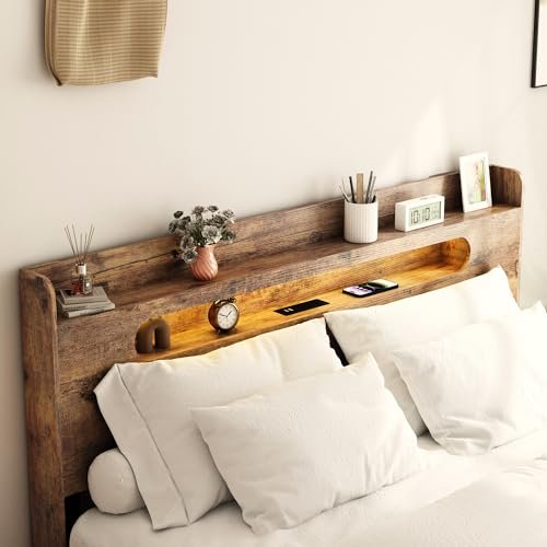 SAMTRA Wooden Queen Bed Frame with Storage Headboard